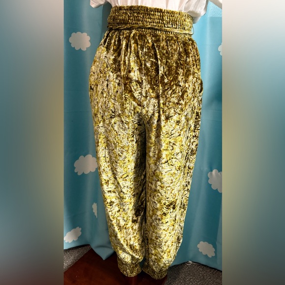 Anthropologie crushed velvet track pants in yellow green. XS - Picture 4 of 9